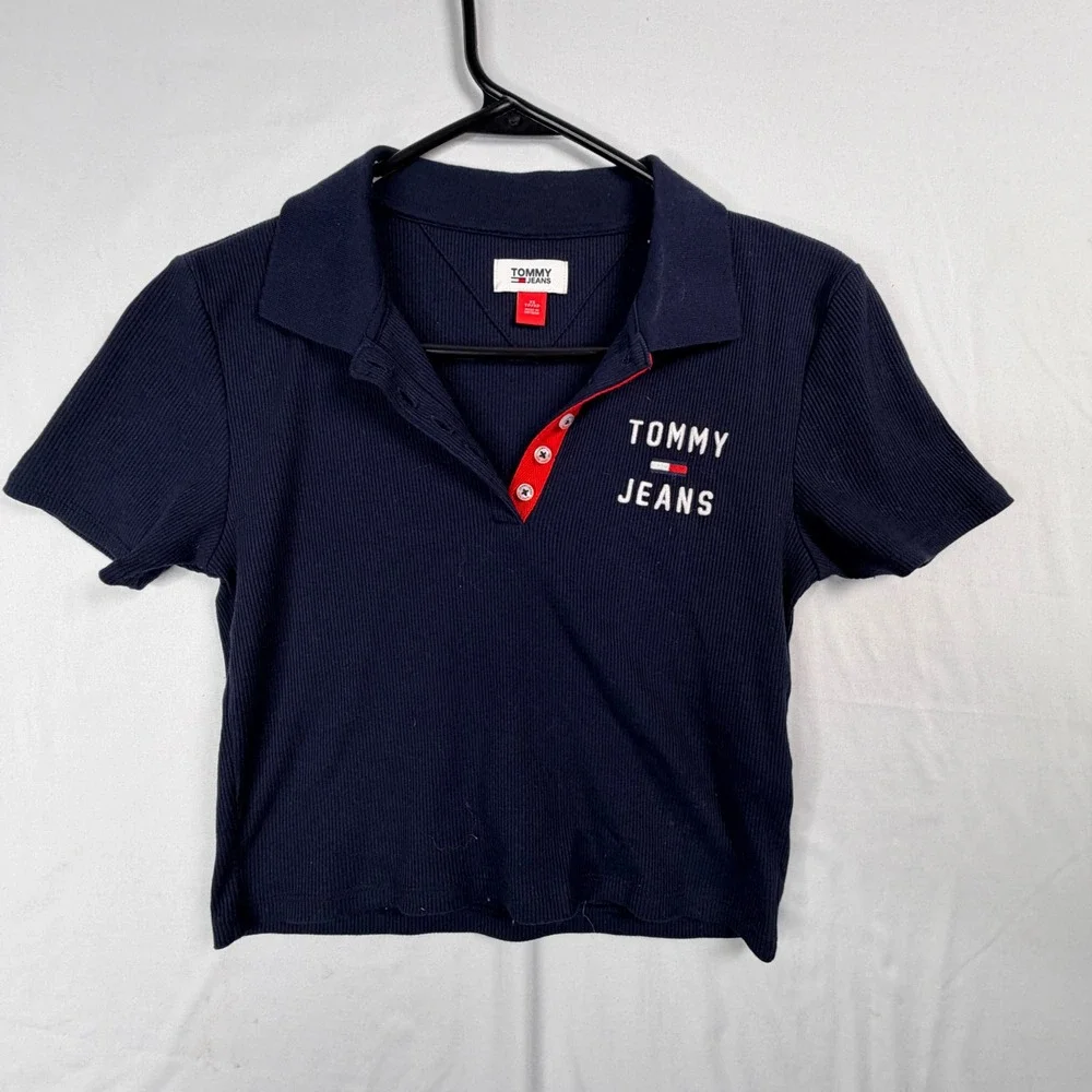 Tommy Jeans Womens Navy Blue Ribbed Cropped Polo Shirt XS Embroidered Logo